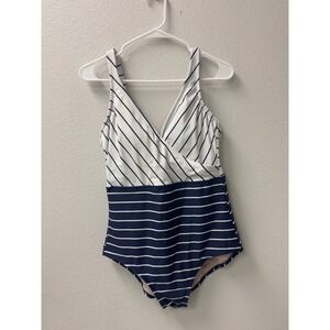Kona Sol Striped One Piece Swimsuit M Navy White Wrap V Neck Nautical Slimming